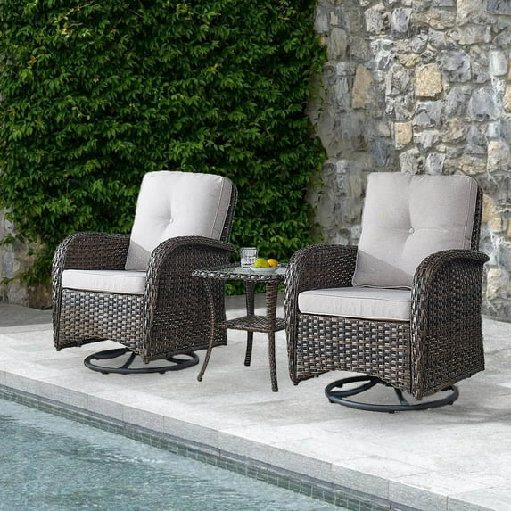POCASSY Swivel PE Wicker Rattan Outdoor Rocking Chairs Set with Side Table (2 chairs and 1 side table)