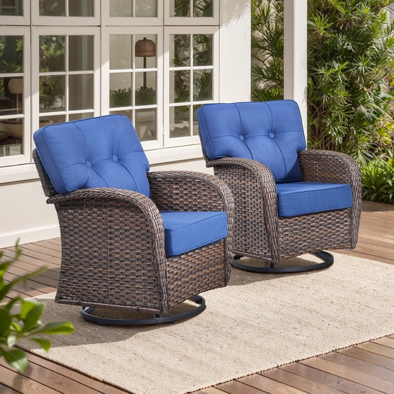 POCASSY Swivel Patio Chairs Set of 2, Wide Backrest Outdoor Swivel Glider Rocking Chairs with All Weather Brown Wicker with Comfort 5" Thick Cushion for Porch Balcony, Blue Cushion