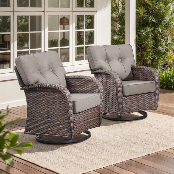 POCASSY Swivel Patio Chairs Set of 2, Wide Backrest Outdoor Swivel Glider Rocking Chairs with All Weather Brown Wicker with Comfort 5" Thick Cushion for Porch Balcony, Gray Cushion