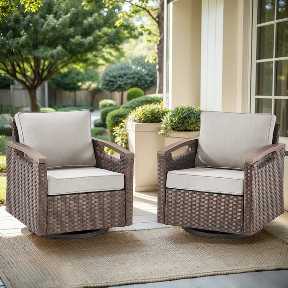 POCASSY Swivel Patio Chairs Swivel Rocker Set of 2, Dark Brown Hand-Brushed Arms 360° Swivel Glider Chairs with All Weather Brown Wicker & 4" Cushion for Porch Balcony in Beige