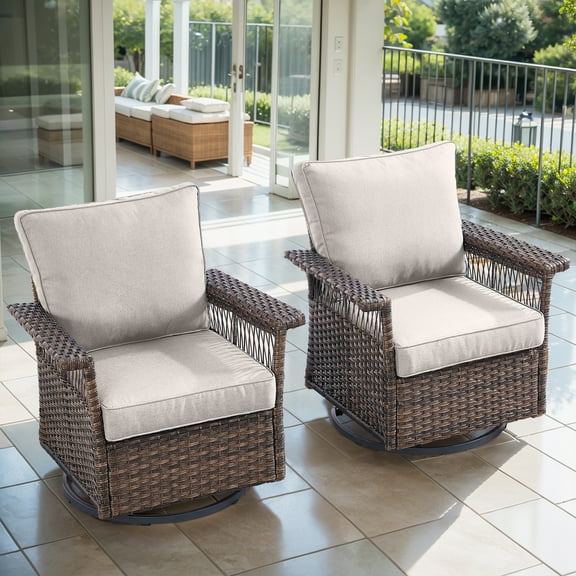 POCASSY Swivel Patio Rocking Chairs with 5.11" Wide Armrest and Cushions, Brown Rattan and Beige Cushion