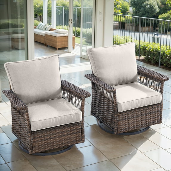 POCASSY Swivel Patio Rocking Chairs with 5.11" Wide Armrest and Cushions, Brown Rattan and Beige Cushion