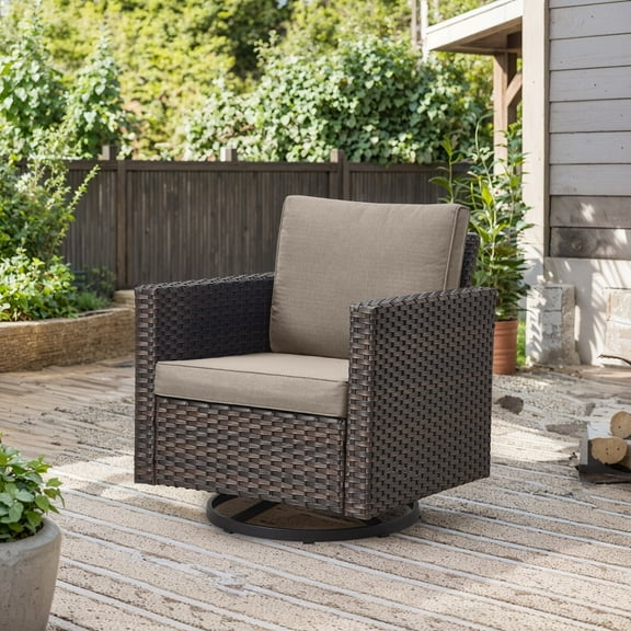 POCASSY Swivel and Rocking Chair, Brown Wicker Outdoor Lounge Chair, Gray