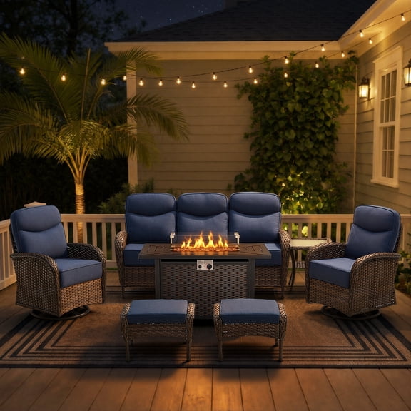 POCASSY All Weather Brown Wicker Patio Furniture Set, 7-Piece Outdoor Conversation Set with Firepit, Sofa, Swivel Glider Chairs, Side Table, and Ottomans for Porch Backyard, Blue Cushion