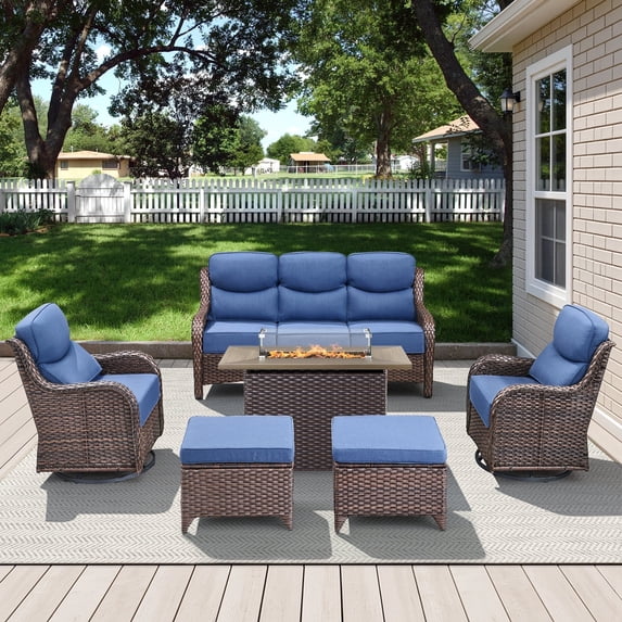 POCASSY All Weather Wicker Patio Furniture Set 6 Pieces, 6-INCH Extra Thick Cushion Outdoor Patio Firepit Set with Patio Sofa, Swivel Glider Chair, Ottoman, 41" Fire Pit Table, Brown/Blue