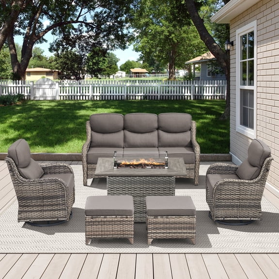 POCASSY All Weather Wicker Patio Furniture Set 6 Pieces, 6-INCH Extra Thick Cushion Outdoor Patio Firepit Set with Patio Sofa, Swivel Glider Chair, Ottoman, 41" Fire Pit Table, Gray/Gray