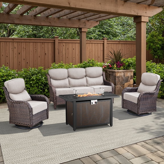 POCASSY All Weather Wicker Patio Furniture Set with Fire Pit, 6-INCH Extra Thick Cushion 4 Pieces Modural Outdoor Sofa Set with Swivel Glider Chair, Ottoman, and 43" Fire Pit Table, Brown/Beige