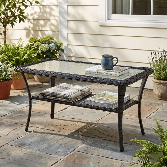 POCASSY Wicker Outdoor Coffee Table, 19.7"*37.8" Tempered Glss Top Black Rattan Outdoor Coffee Table with 2-Layer Storage Furniture Tables for Garden,Porch,Backyard
