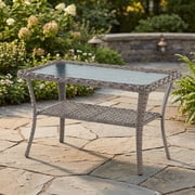 POCASSY Wicker Outdoor Coffee Table, 19.7"*37.8" Tempered Glss Top Gray Rattan Outdoor Coffee Table with 2-Layer Storage Furniture Tables for Garden,Porch,Backyard