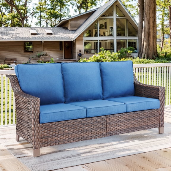 POCASSY Wicker Outdoor Couch, Brown Wicker Sofa Outdoor Furniture with All Weather Rattan and Olefin Cushion for Balcony, Backyard, Porch, Brown/Blue