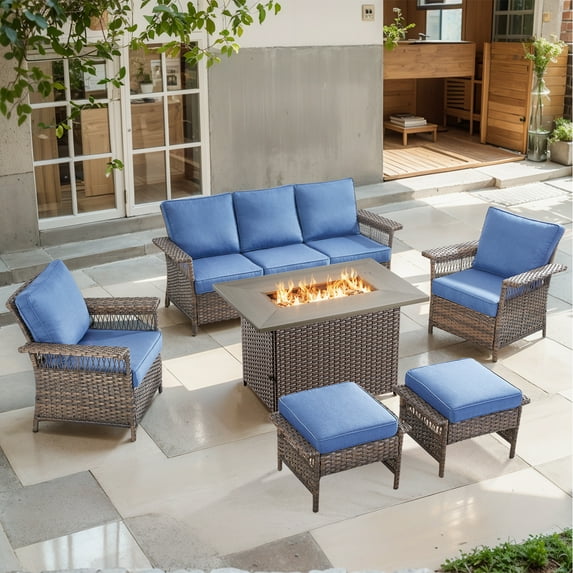 POCASSY Wicker Outdoor Furniture Patio Furniture Set with Fire Pit Table - Patio Furniture Set with Outdoor Couch Patio Chairs and 50000BTU Fire Pit, Ideal Furniture Set for Backyard Porch, Blue
