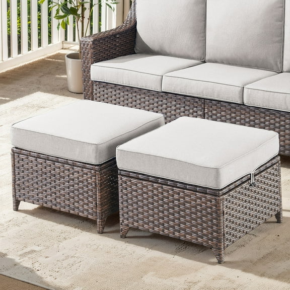 POCASSY Wicker Outdoor Ottoman, Patio Footstools with All Weather Brown Wicker and Polyester Olefin Cushion, 250lbs Load Capacity for Balcony, Garden, Pool, Brown/Beige