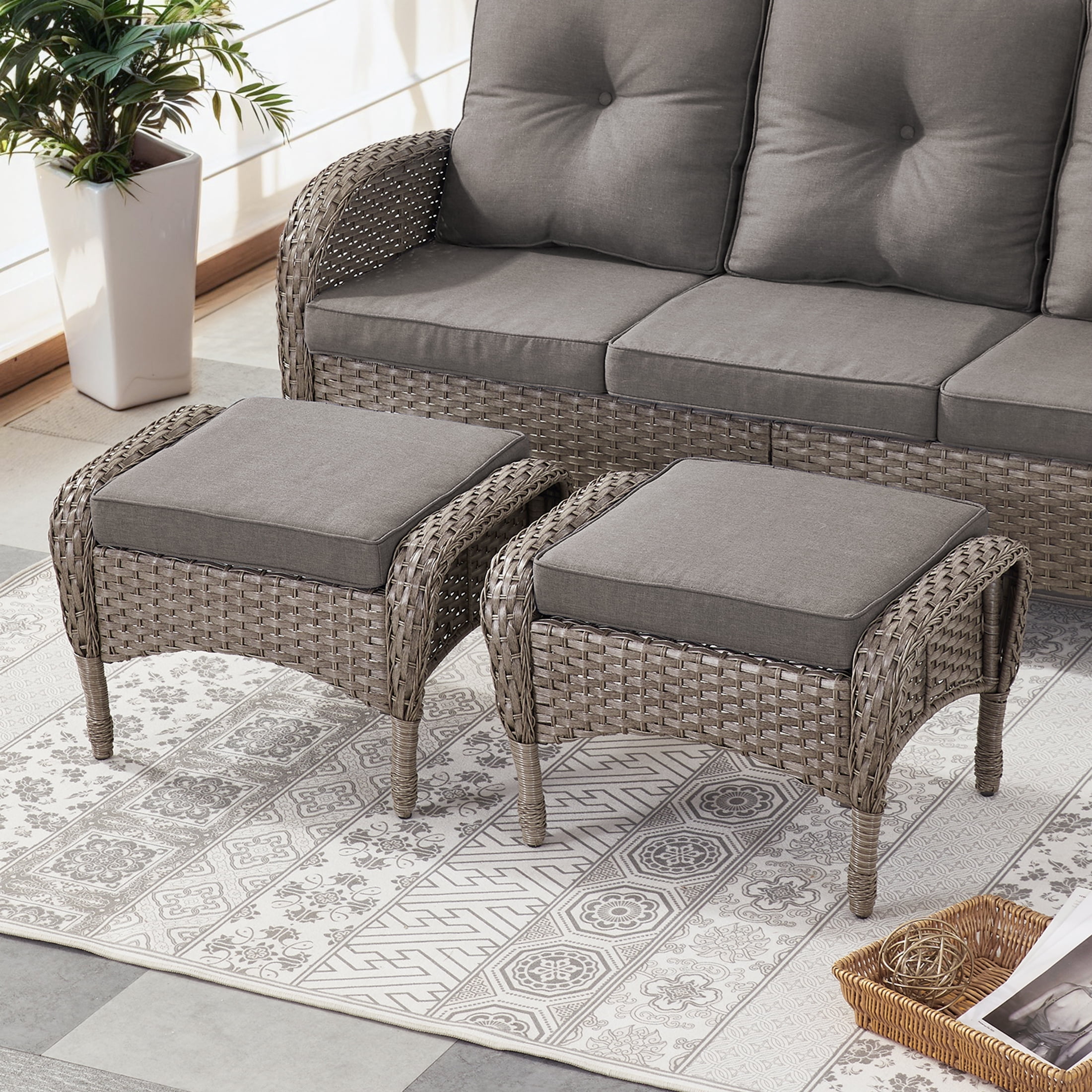 POCASSY Wicker Outdoor Ottoman, All Weather Gray Wicker Patio ...