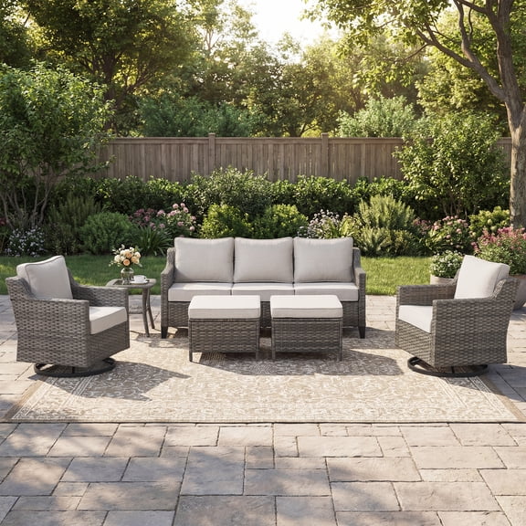 POCASSY Wicker Patio Furniture Set, 6 Pieces Outdoor Furniture Set, Deep Seating Patio Conversation Sofa Set with 2 Swivel Rocker Patio Chairs and 1 Side Table for Lawn Deck Backyard, Beige