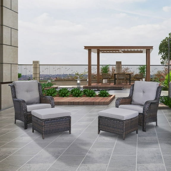 POCASSY Wicker Patio Lounge Chairs with Ottomans and Cushions, Set of 2, Brown Ratten & Gray Cushions