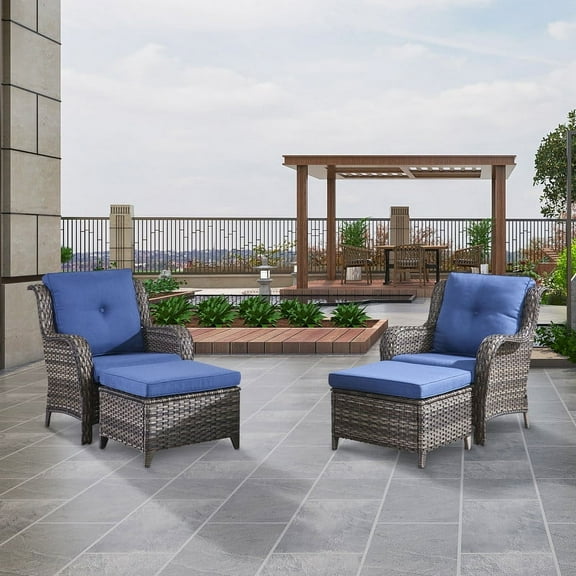 POCASSY Wicker Patio Lounge Chairs with Ottomans and Cushions, Set of 2, Gray Ratten & Blue Cushions