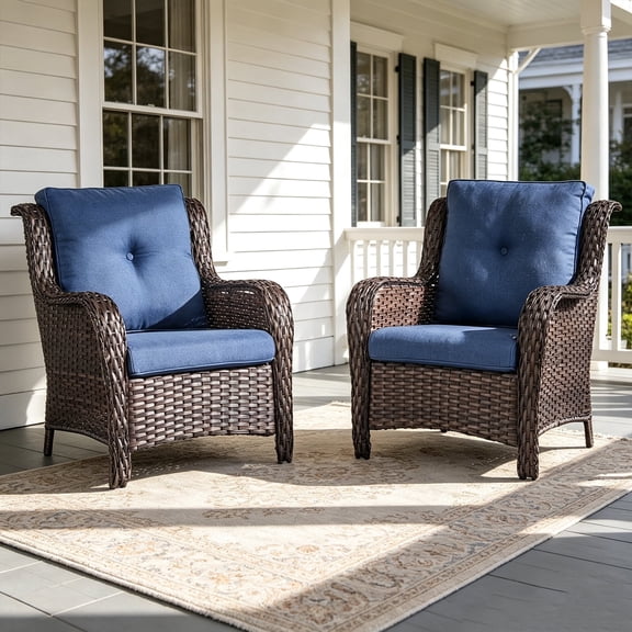POCASSY Patio Wicker Chairs Set of 2, All-Weather Wicker Patio Furniture Chairs Set Rattan High-Back Outdoor Armchairs with Cushions