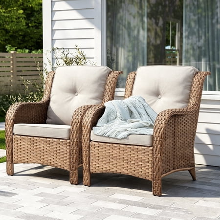 POCASSY Patio Wicker Chairs Set of 2, All-Weather Wicker Patio Furniture Chairs Set Rattan High-Back Outdoor Armchairs with Cushions