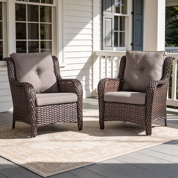 POCASSY Patio Wicker Chairs Set of 2, All-Weather Wicker Patio Furniture Chairs Set Rattan High-Back Outdoor Armchairs with Cushions
