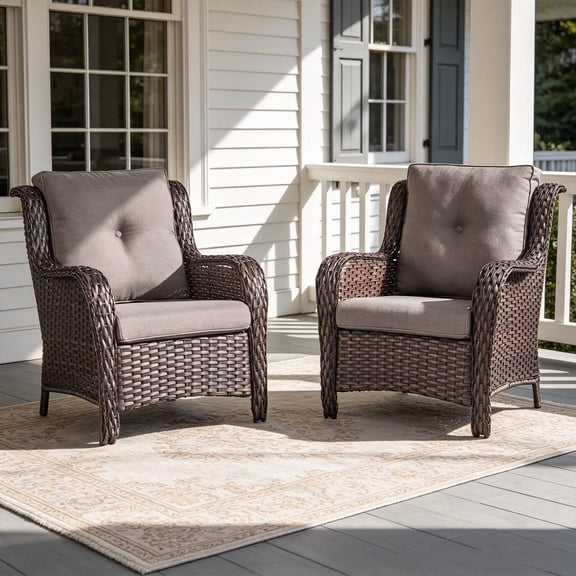 POCASSY Patio Wicker Chairs Set of 2, All-Weather Wicker Patio Furniture Chairs Set Rattan High-Back Outdoor Armchairs with Cushions