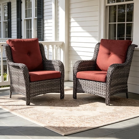 POCASSY Patio Wicker Chairs Set of 2, All-Weather Wicker Patio Furniture Chairs Set Rattan High-Back Outdoor Armchairs with Cushions