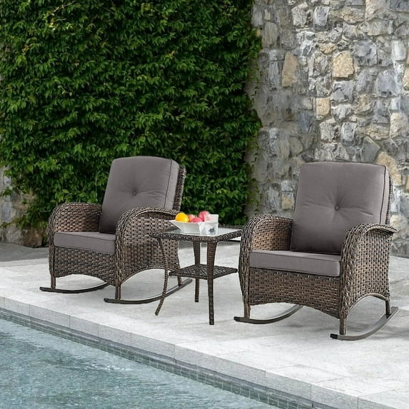 POCASSY Wicker Rattan Outdoor Rocking Chair Set with Side Table (2 chairs and 1 side table)