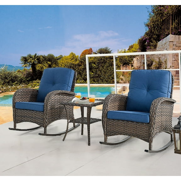 POCASSY Wicker Rattan Outdoor Rocking Chair Set with Side Table (2 chairs and 1 side table)