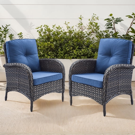 POCASSY Wicker Rattan Patio Chairs Outdoor Lounge Chairs for Outside Porch - Set of 2, Blue