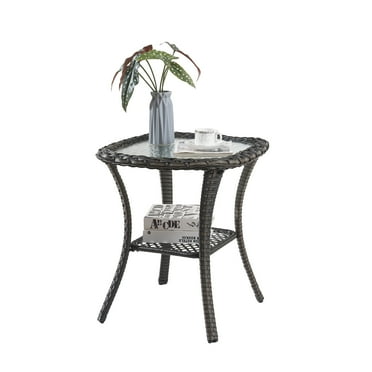 POCASSY Wicker Rattan Patio Side Table With Built-In Tempered Glass, Indoor & Outdoor, Gray