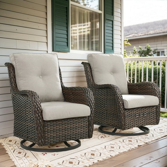 POCASSY Wicker Rocking Chair Swivel Chairs - 2 Piece Oversized Rocker Patio Accent Chairs Set Rattan Rocking Chair for Outdoor Porch Deck Garden Backyard (Brown/Beige)