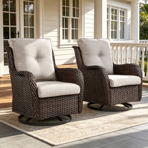 POCASSY Wicker Outdoor Swivel Rocking Chairs - 2 Piece Oversized Swivel Rocker Porch Chairs Set Rattan Chair for Outdoor Porch Deck Garden Backyard (Brown/Beige)