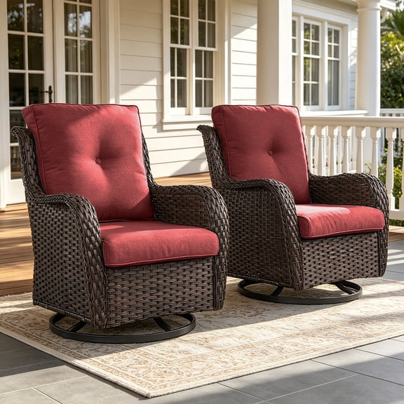 POCASSY Wicker Rocking Chair Swivel Chairs - 2 Piece Oversized Rocker Patio Accent Chairs Set Rattan Rocking Chair for Outdoor Porch Deck Garden Backyard (Brown/Red)