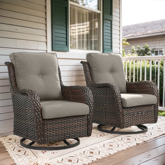 POCASSY Wicker Rocking Chair Swivel Chairs - 2 Piece Oversized Rocker Patio Accent Chairs Set Rattan Rocking Chair for Outdoor Porch Deck Garden Backyard (Brown/Gray)