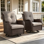 POCASSY Wicker Rocking Chair Swivel Chairs - 2 Piece Oversized Rocker Patio Accent Chairs Set Rattan Rocking Chair for Outdoor Porch Deck Garden Backyard (Brown/Gray)