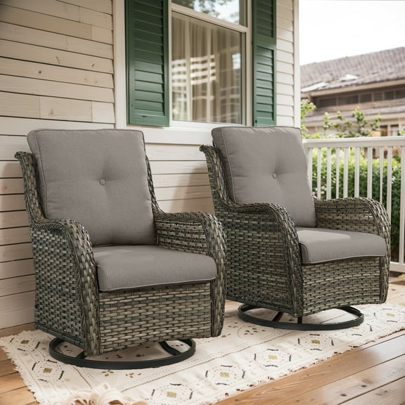 POCASSY Wicker Rocking Chair Swivel Chairs - 2 Piece Oversized Rocker Patio Accent Chairs Set Rattan Rocking Chair for Outdoor Porch Deck Garden Backyard (Gray/Gray)