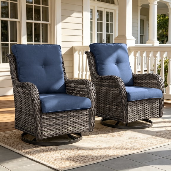 POCASSY Wicker Rocking Chair Swivel Chairs - 2 Piece Oversized Rocker Patio Accent Chairs Set Rattan Rocking Chair for Outdoor Porch Deck Garden Backyard (Gray/Blue)
