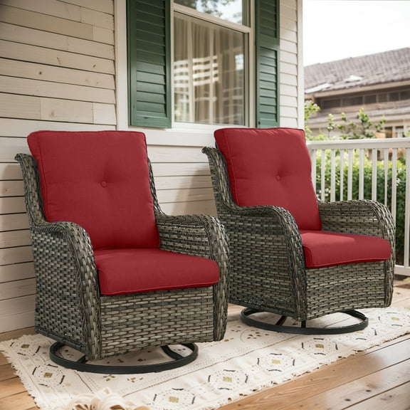 POCASSY Wicker Rocking Chair Swivel Chairs - 2 Piece Oversized Rocker Patio Accent Chairs Set Rattan Rocking Chair for Outdoor Porch Deck Garden Backyard (Gray/Red)