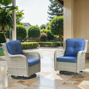 POCASSY Wicker Rocking Chair Swivel Chairs - 2 Piece Oversized Rocker Patio Accent Chairs Set Rattan Rocking Chair for Outdoor Porch Deck Garden Backyard (Light Gray/Navy Blue)