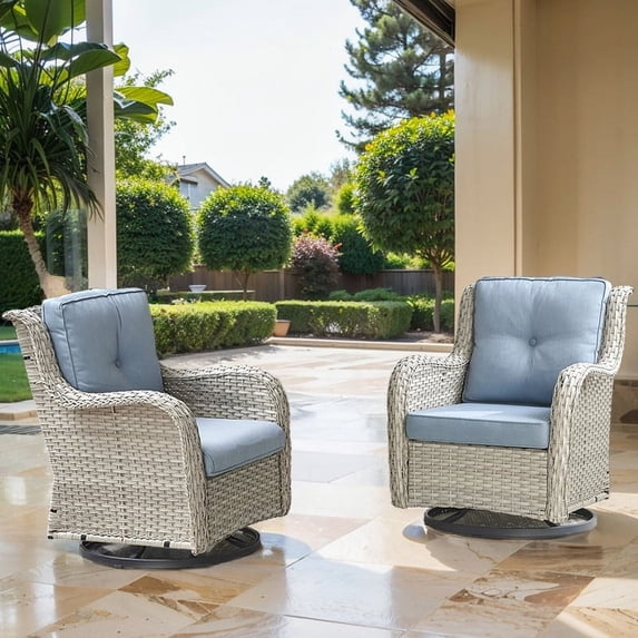 POCASSY Wicker Rocking Chair Swivel Chairs - 2 Piece Oversized Rocker Patio Accent Chairs Set Rattan Rocking Chair for Outdoor Porch Deck Garden Backyard (Light Gray/Baby Blue)