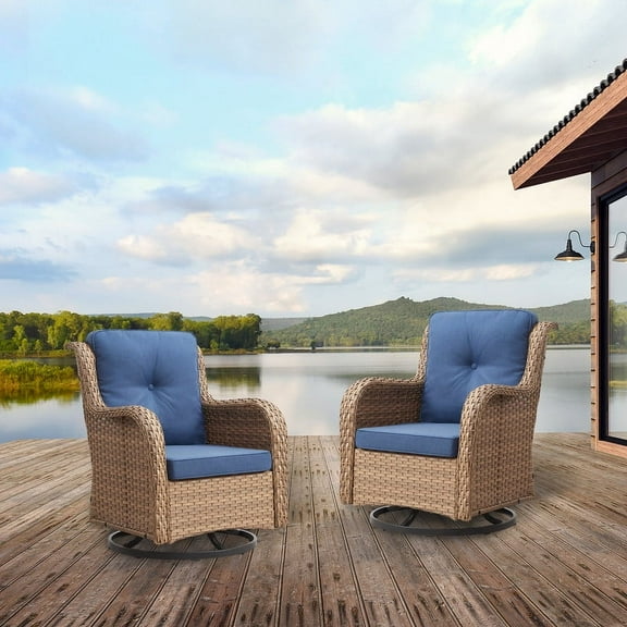 POCASSY Wicker Rocking Chair Swivel Chairs - 2 Piece Oversized Rocker Patio Accent Chairs Set Rattan Rocking Chair for Outdoor Porch Deck Garden Backyard (Yellow/Blue)