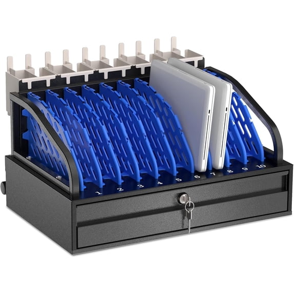 POCHAR 10-Device Open Laptop Storage Rack - Charging Station for Chromebooks & Tablets with Lockable Storage Drawer for School, Office, Hospital