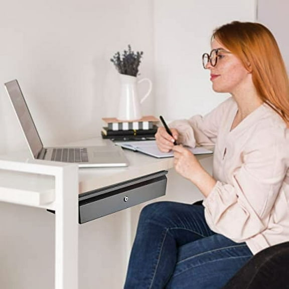 POCHAR 17.75-Inch Steel Under Desk Drawer with Lock and Keys - Lockable and Attachable Under Table Shelf Mount for Additional Storage - Heavy Duty Sliding Drawers for Wooden Desks and Workstations