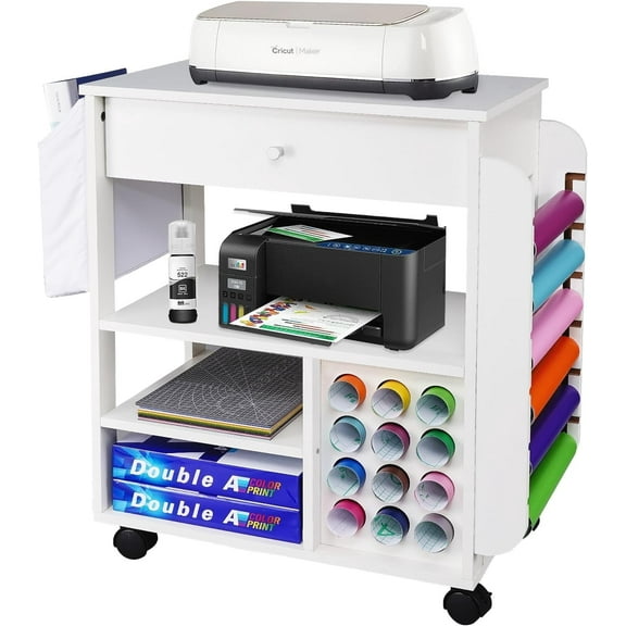 POCHAR Craft Storage Rolling Cart with 18 Vinyl Roll Holder and Drawer for Cricut Craft Workstation