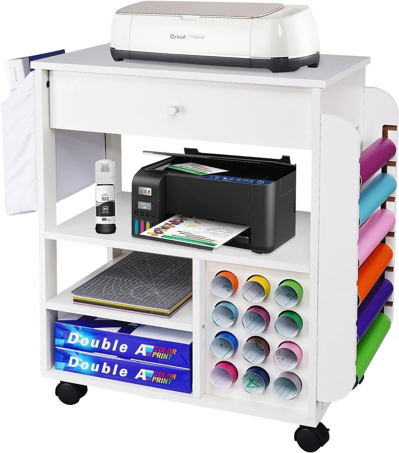 POCHAR Craft Storage Rolling Cart with 18 Vinyl Roll Holder and Drawer for Cricut Craft Workstation