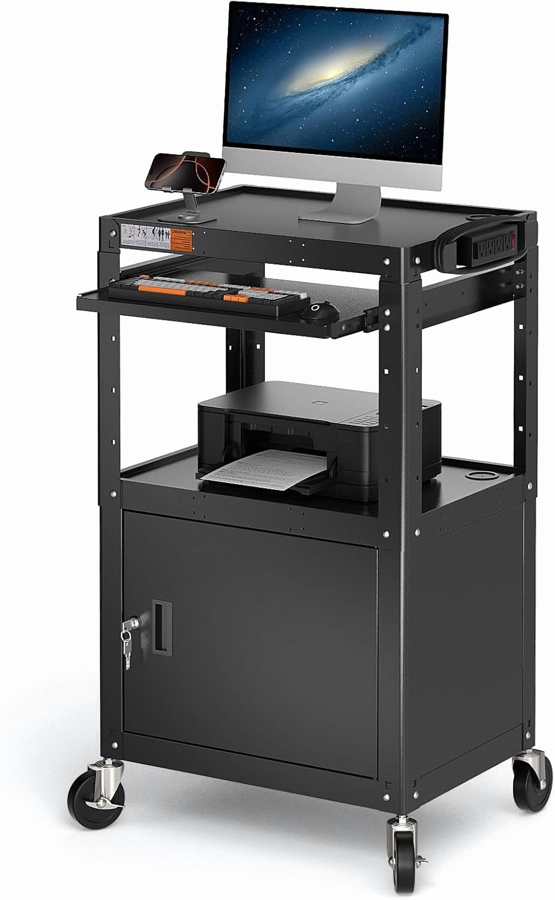 POCHAR Steel AV Cart with Locking Cabinet - Adjustable Height Media ...