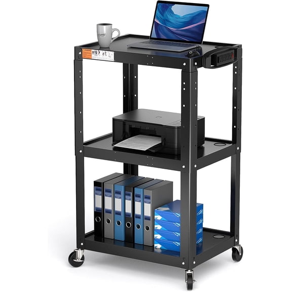 Pochar 3 Shelf Metal Utility Cart with Wheels & Power Strip - Height Adjustable Mobile Media AV Cart for Video Projector TV Laptop Computers Printers
