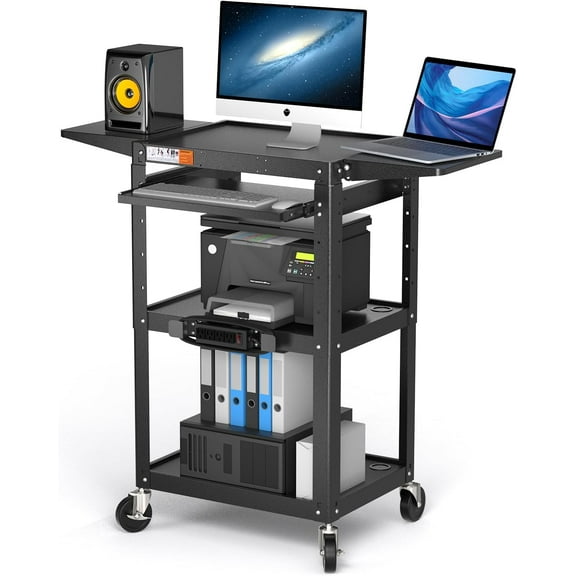 POCHAR Large Steel AV Cart with Drop Leaves - Height Adjustable Metal Madia Cart with Wheels - Heavy Duty Rolling Computer Cart for Laptop Projector Printer TV