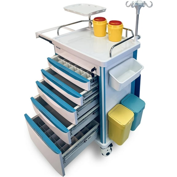 POCHAR Medical Crash Cart with Wheels and Emergency Accessory - Rolling Nursing Cart for Hospitals and Clinics (Blue-White)