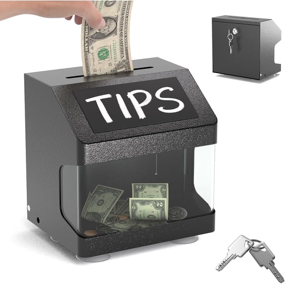 Pochar Metal Suggestion Box with Chalkboard Label, Tip Jar with Lock, Donation Boxes for Fundraising Church, Black, 7.9" x 6.3"