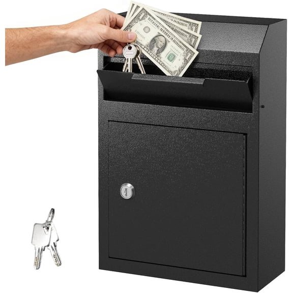 POCHAR Metal Wall Mount Locking Deposit Drop Box Safe - Heavy Duty Lock Box for Keys, Rent, Checks, Money, and Mail Envelopes (9.75” x 4.25” x 14.75”) (Black)